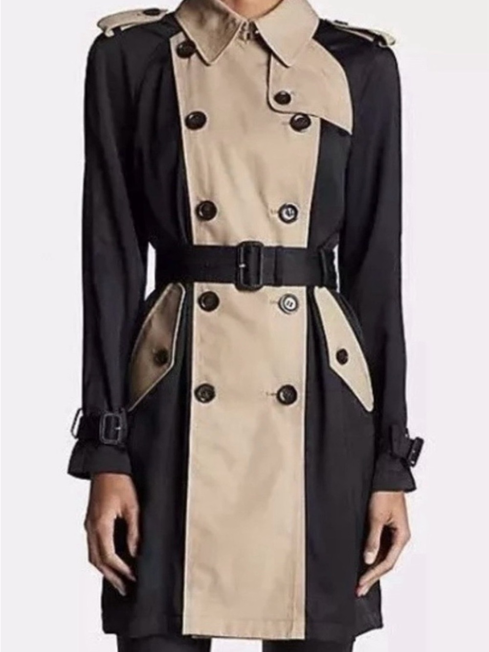 Coach Two-Tone Black & Tan Classic Colorblock Trench Coat XS **Missing Belt**